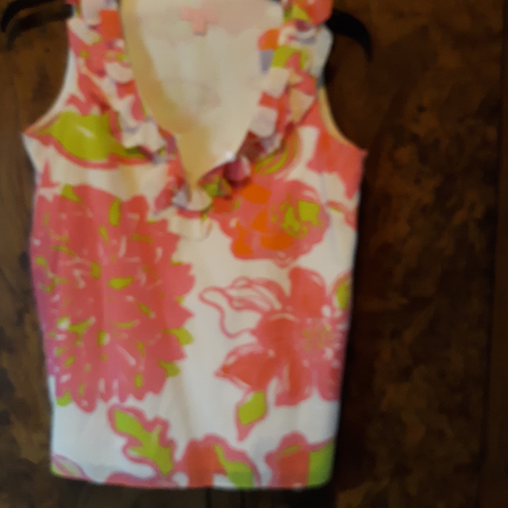 Lilly Pulitzer Pink, White & Green Floral Ruffle Tank Top